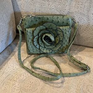 Green Faux Ostrich Crossbody Rosette Flower Bag Cute HTF